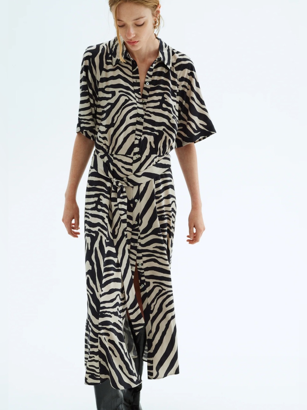 H&M Tan Zebra-Print Button-Front Shirt Dress - Large